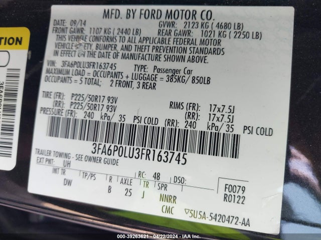 3FA6P0LU3FR163745 Ford Fusion Hybrid Se