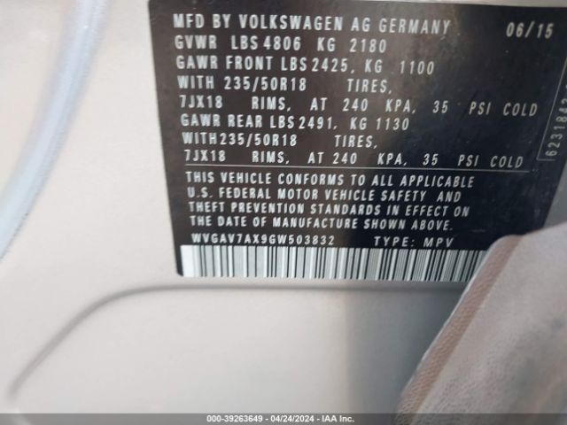 WVGAV7AX9GW503832 Volkswagen TIGUAN SE