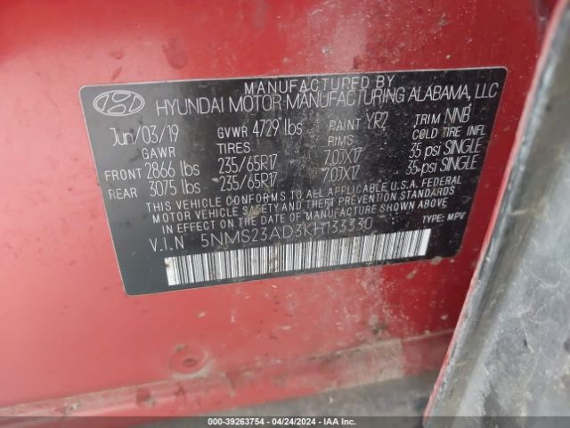 5NMS23AD3KH133330 Hyundai Santa Fe Se