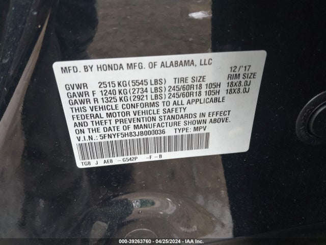 Honda Pilot Ex-l 2018 5FNYF5H83JB000036 Image 9