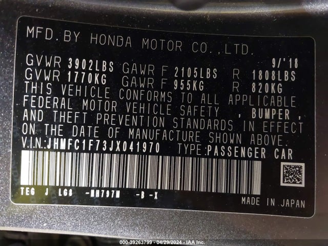 Honda Civic Ex-l 2018 JHMFC1F73JX041970 Image 9