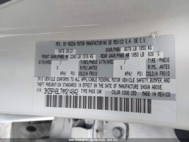 3MZBPABL7MM214842 Mazda Mazda3 Select