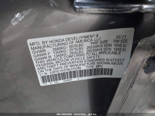 5J8YE1H37NL016289 Acura Mdx Standard