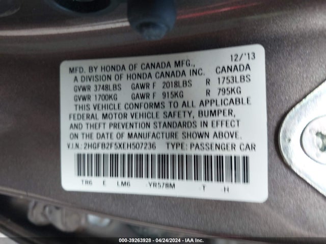 Honda Civic Lx 2014 2HGFB2F5XEH507236 Image 9