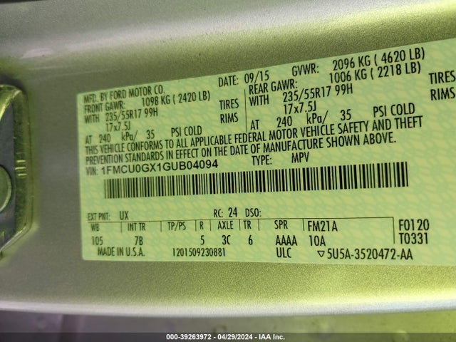 Ford ESCAPE SE 2016 1FMCU0GX1GUB04094 Image 9