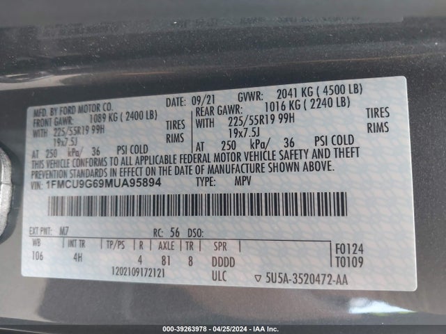 Ford ESCAPE SE 2021 1FMCU9G69MUA95894 Image 9