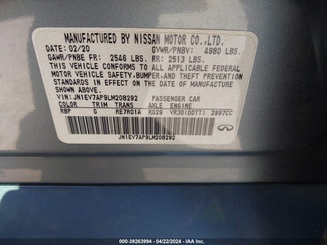 JN1EV7AP9LM208292 Infiniti Q50 LUXE