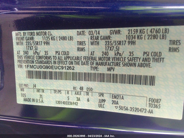 Ford ESCAPE SE 2014 1FMCU0G90EUC91262 Image 9