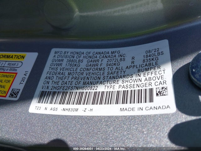 Honda Civic Sport 2022 2HGFE2F57NH600822 Image 9