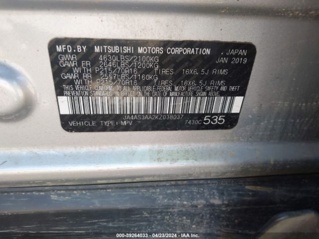 JA4AS3AA2KZ038037 Mitsubishi Eclipse Cross Es