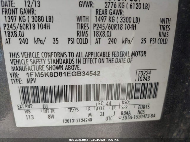 Ford EXPLORER XLT 2014 1FM5K8D81EGB34542 Image 9