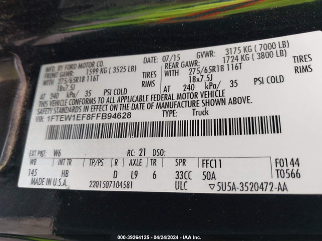 Ford F-150 Lariat 2015 1FTEW1EF8FFB94628 Image 9
