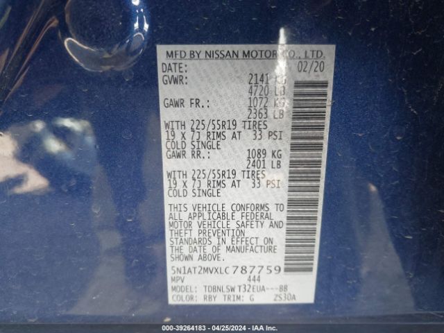 5N1AT2MVXLC787759 Nissan Rogue Sl Intelligent Awd