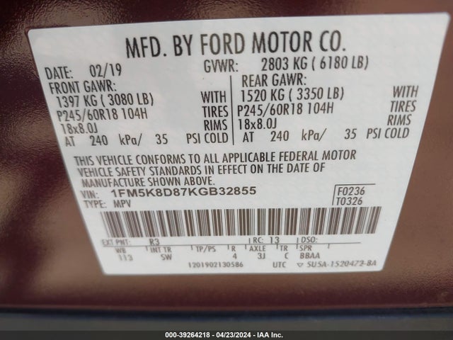 Ford EXPLORER XLT 2019 1FM5K8D87KGB32855 Image 9