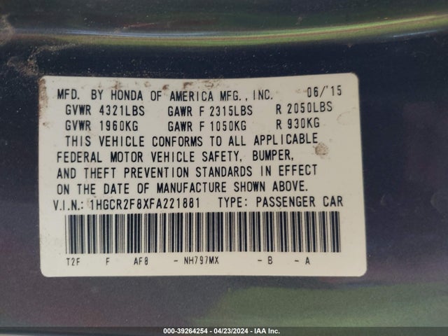 Honda Accord Ex-l 2015 1HGCR2F8XFA221881 Image 9