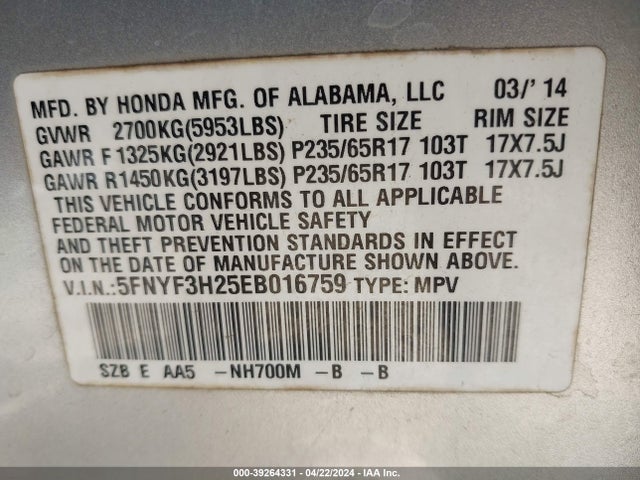 Honda PILOT LX 2014 5FNYF3H25EB016759 Image 9