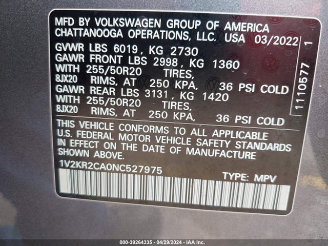 1V2KR2CA0NC527975 Volkswagen Atlas 3.6l V6 Se W/technology