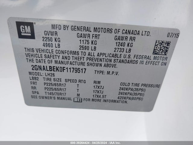 Chevrolet EQUINOX 1LT 2015 2GNALBEK0F1179517 Image 9