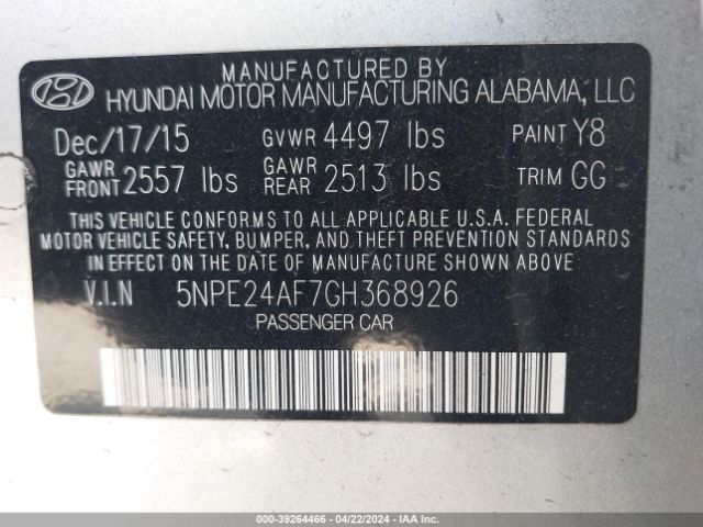 5NPE24AF7GH368926 Hyundai SONATA SE