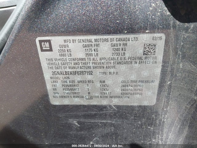 Chevrolet EQUINOX 1LT 2015 2GNALBEK8F6287192 Image 9