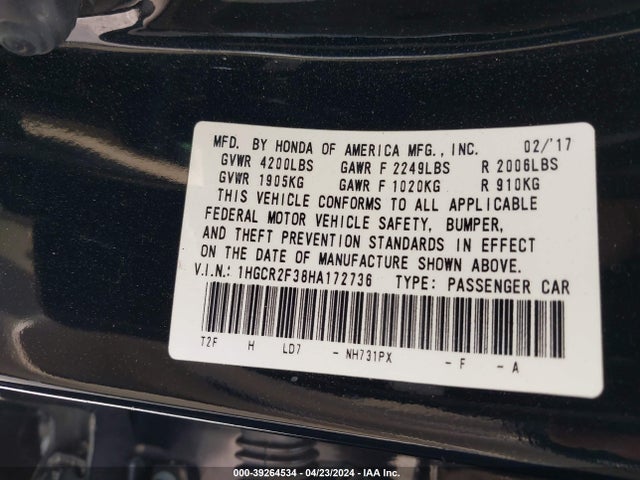 Honda ACCORD LX 2017 1HGCR2F38HA172736 Image 9