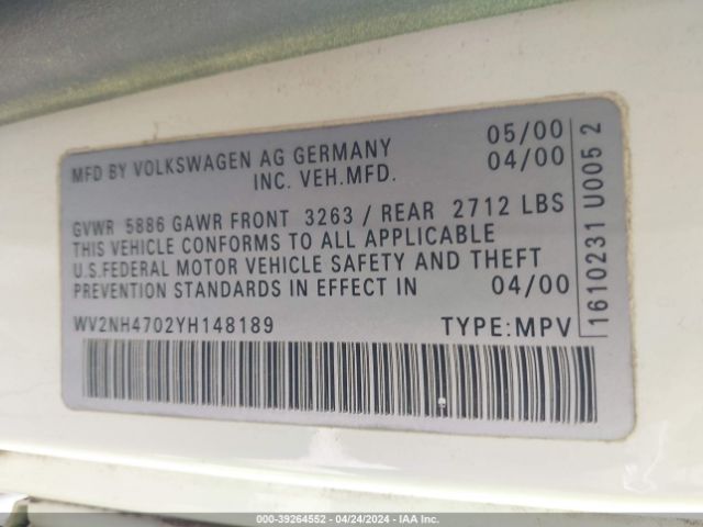 2000 VOLKSWAGEN EUROVAN WV2NH4702YH148189 Photo 8