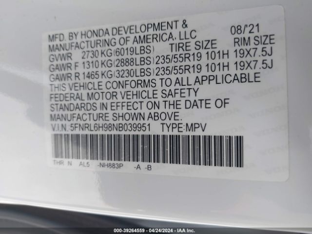 5FNRL6H98NB039951 Honda Odyssey Elite