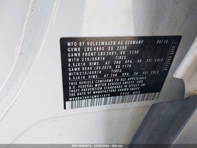 WVGBV7AX1GW611415 Volkswagen TIGUAN S