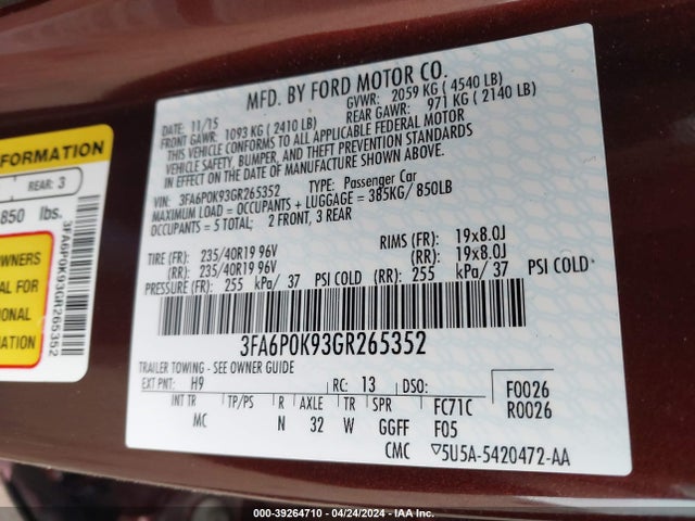 Ford Fusion Titanium 2016 3FA6P0K93GR265352 Image 9
