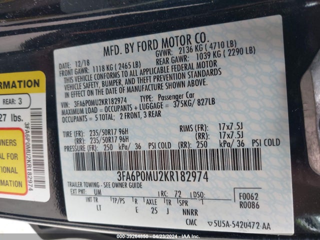 Ford Fusion Hybrid Sel 2019 3FA6P0MU2KR182974 Image 9