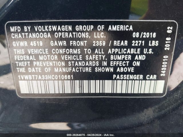 1VWBT7A33HC010661 Volkswagen Passat 1.8t Se