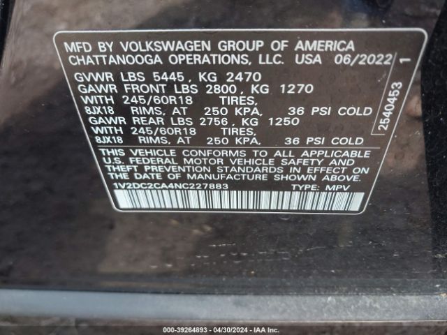 1V2DC2CA4NC227883 Volkswagen Atlas Cross Sport 2.0t Se