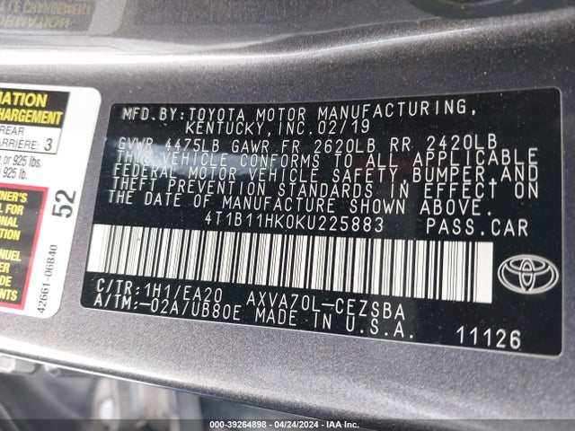 Toyota CAMRY SE 2019 4T1B11HK0KU225883 Image 9