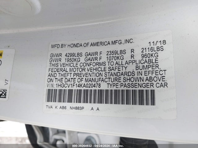 Honda ACCORD LX 2019 1HGCV1F14KA020478 Image 9