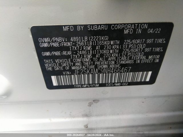 JF2SKAMC9NH466467 Subaru Forester Wilderness