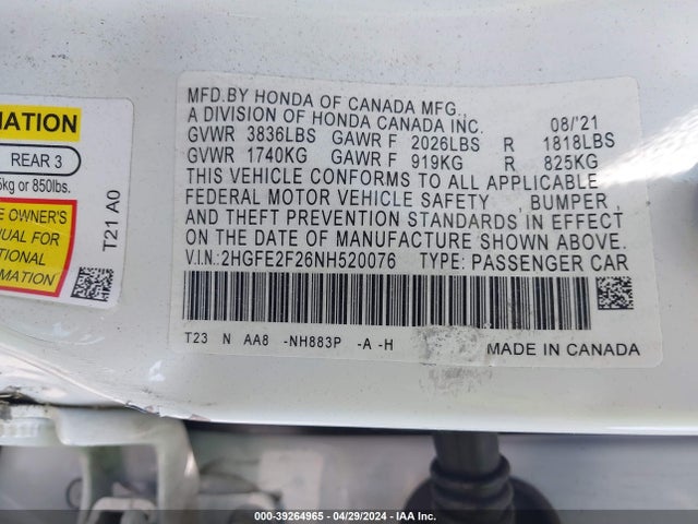 Honda Civic Lx 2022 2HGFE2F26NH520076 Image 9