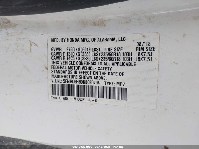 Honda ODYSSEY EX 2019 5FNRL6H59KB030796 Image 9