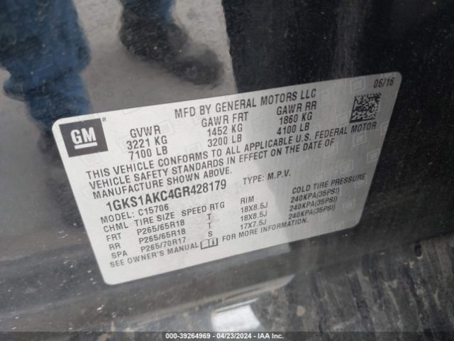 1GKS1AKC4GR428179 GMC YUKON SLE
