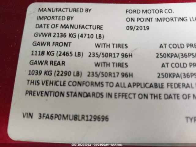 3FA6P0MU8LR129696 Ford Fusion Hybrid Sel
