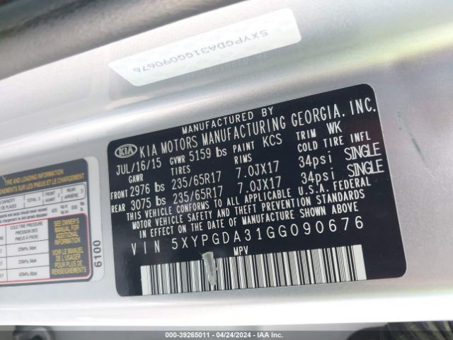 5XYPGDA31GG090676 KIA Sorento 2.4l Lx