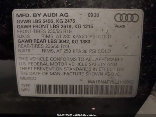WA1BNAFY5L2118092 Audi Q5 Premium Plus 45 Tfsi Quattro S Tronic