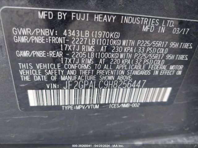 JF2GPALC9H8256447 Subaru Crosstrek 2.0i Limited