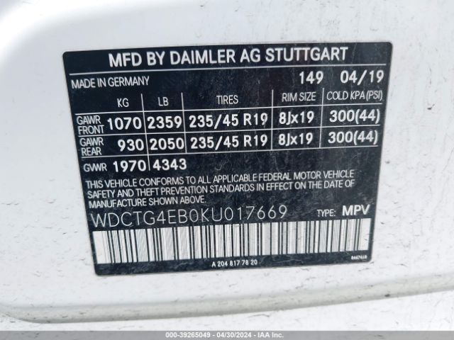 WDCTG4EB0KU017669 Mercedes-Benz GLA 250