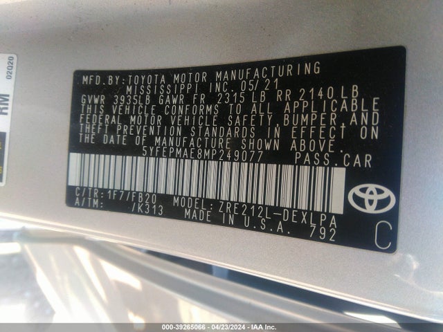 Toyota COROLLA LE 2021 5YFEPMAE8MP249077 Image 9