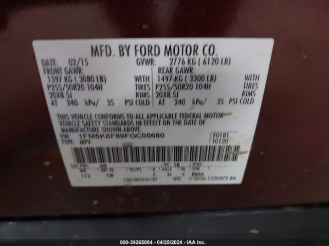 1FM5K8F89FGC05680 Ford Explorer Limited