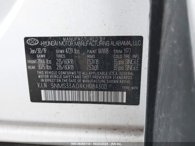 5NMS33AD4KH084300 Hyundai Santa Fe Sel Plus