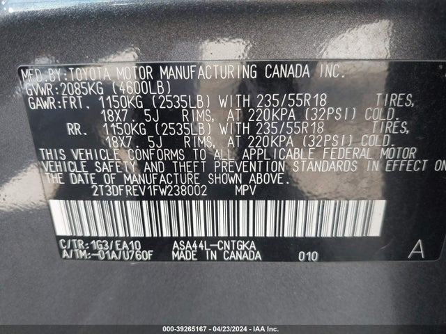 Toyota Rav4 Limited 2015 2T3DFREV1FW238002 Image 9