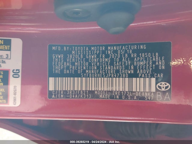 Toyota COROLLA LE 2018 5YFBURHE5JP847380 Image 9