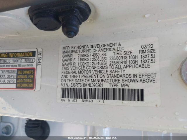 5J6RT6H84NL020201 Honda Cr-v Hybrid Ex-l