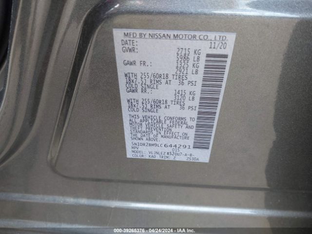 5N1DR2BM9LC644291 Nissan Pathfinder Sv 4wd